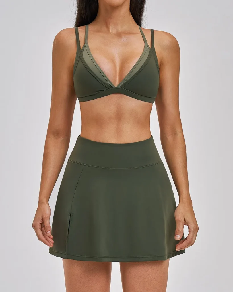 Nude Backless Tennis Skirt Quick Dry Casual Sports Set - Olive Green