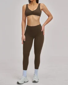 Brushed Hollow Halter Backless Yoga Running Fitness Set - Brown