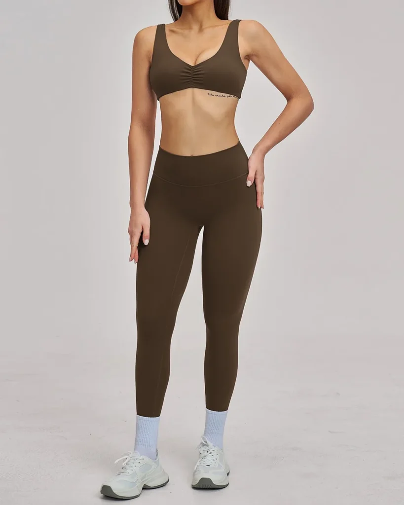 Brushed Hollow Halter Backless Yoga Running Fitness Set - Brown