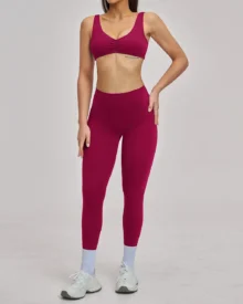 Brushed Hollow Halter Backless Yoga Running Fitness Set - Burgundy