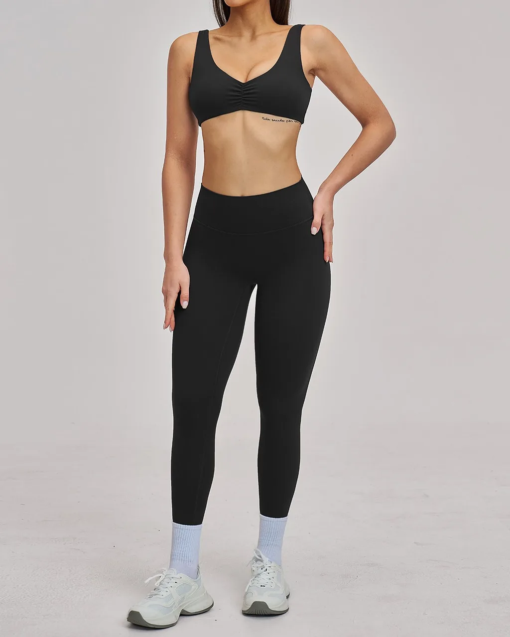 Brushed Hollow Halter Backless Yoga Running Fitness Set - Navy