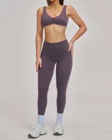 Brushed Hollow Halter Backless Yoga Running Fitness Set - Plum