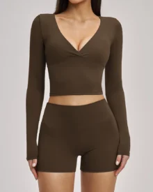 Brushed Halter Backless Long Sleeve Yoga Set Sports Running Fitness Suit - Brown