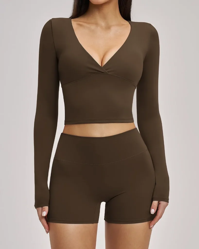 Conjunto Yoga Elegante Sin Espalda Con Manga Larga - marrón