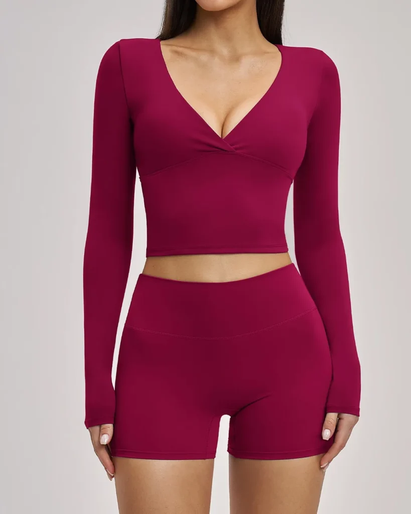 Conjunto Yoga Elegante Sin Espalda Con Manga Larga - borgoña