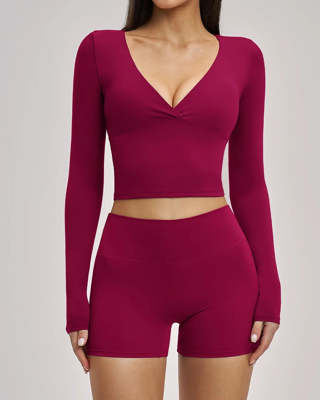 Conjunto Yoga Elegante Sin Espalda Con Manga Larga - borgoña