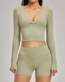 Brushed Halter Backless Long Sleeve Yoga Set Sports Running Fitness Suit - Khaki