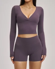 Brushed Halter Backless Long Sleeve Yoga Set Sports Running Fitness Suit - Plum