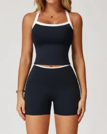 Nude Feeling Color Block Crisscross Backless Yoga Set Women Running Sports Fitness Suit - Navy