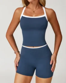 Nude Feeling Color Block Crisscross Backless Yoga Set Women Running Sports Fitness Suit - Slate