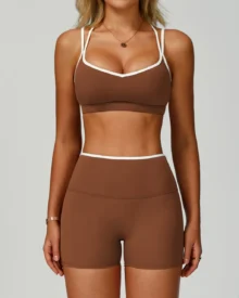 Color Block Trim Nude Backless Slim Yoga Set Women Outdoor Sports Fitness Suit - Brown
