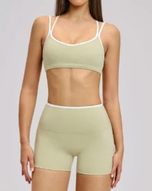 Color Block Trim Nude Backless Slim Yoga Set Women Outdoor Sports Fitness Suit - Tan