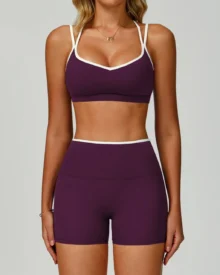 Color Block Trim Nude Backless Slim Yoga Set Women Outdoor Sports Fitness Suit - Wine