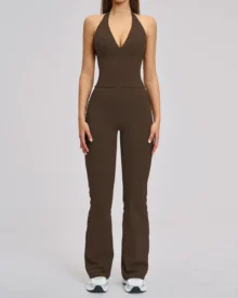 Flared Leg Halter Backless Yoga Set For Women Sports Running Fitness Suit - Brown