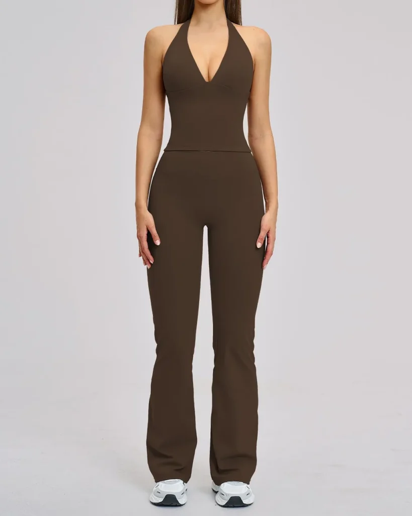 Conjunto Yoga Mujer: Leggings Acampanados Y Top Halter Sin Espalda - marrón