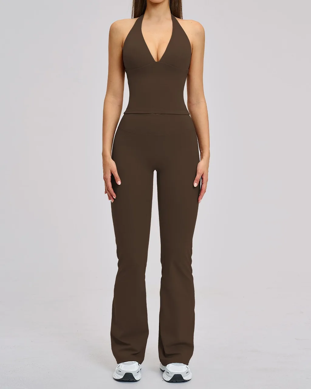 Conjunto Yoga Mujer: Leggings Acampanados Y Top Halter Sin Espalda - marrón