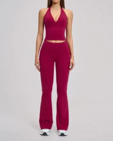 Flared Leg Halter Backless Yoga Set For Women Sports Running Fitness Suit - Burgundy