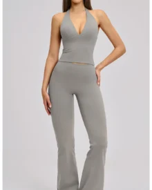 Conjunto Yoga Mujer: Leggings Acampanados Y Top Halter Sin Espalda - gris