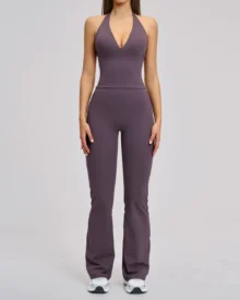 Flared Leg Halter Backless Yoga Set For Women Sports Running Fitness Suit - Plum