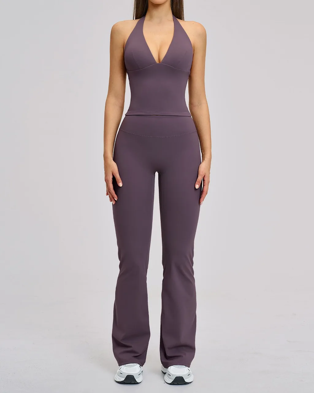 Conjunto Yoga Mujer: Leggings Acampanados Y Top Halter Sin Espalda - ciruela