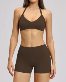 Hollow Halter Backless Yoga Set Sports Running Fitness Suit - Dark Brown