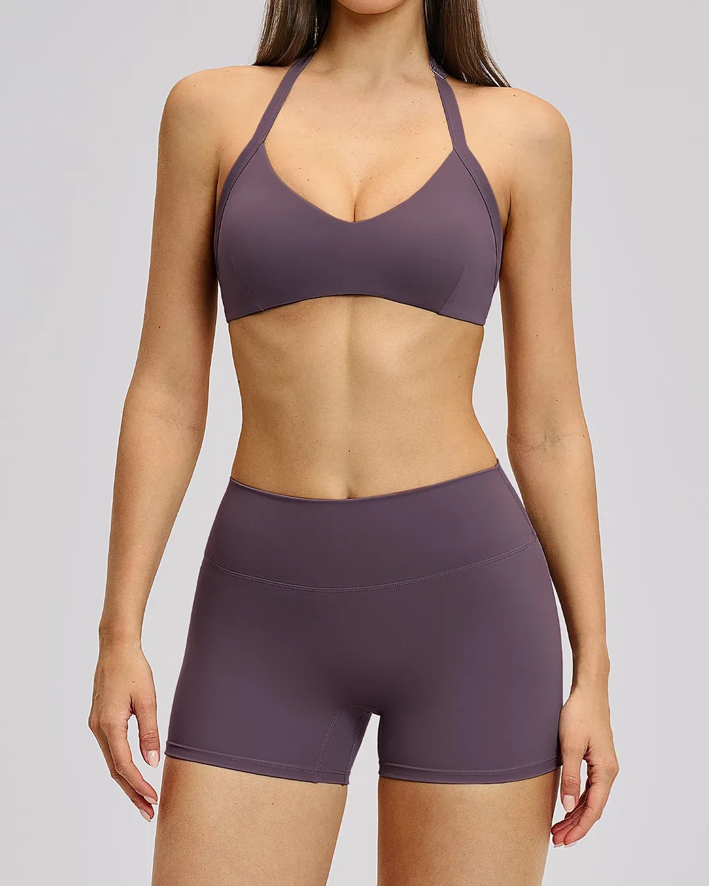 Conjunto Deportivo Yoga Halter Calado Sin Espalda - ciruela