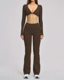 Long-Sleeve Twist-Front Flared Yoga Set - Brown