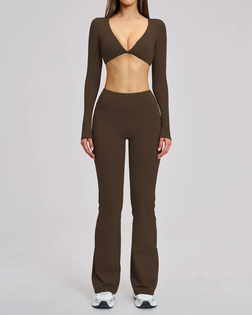 Long-Sleeve Twist-Front Flared Yoga Set - Brown
