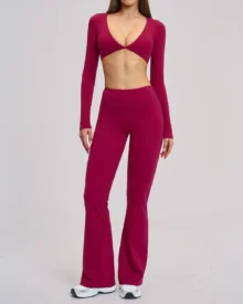 Long-Sleeve Twist-Front Flared Yoga Set - Burgundy