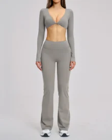 Long-Sleeve Twist-Front Flared Yoga Set - Grey