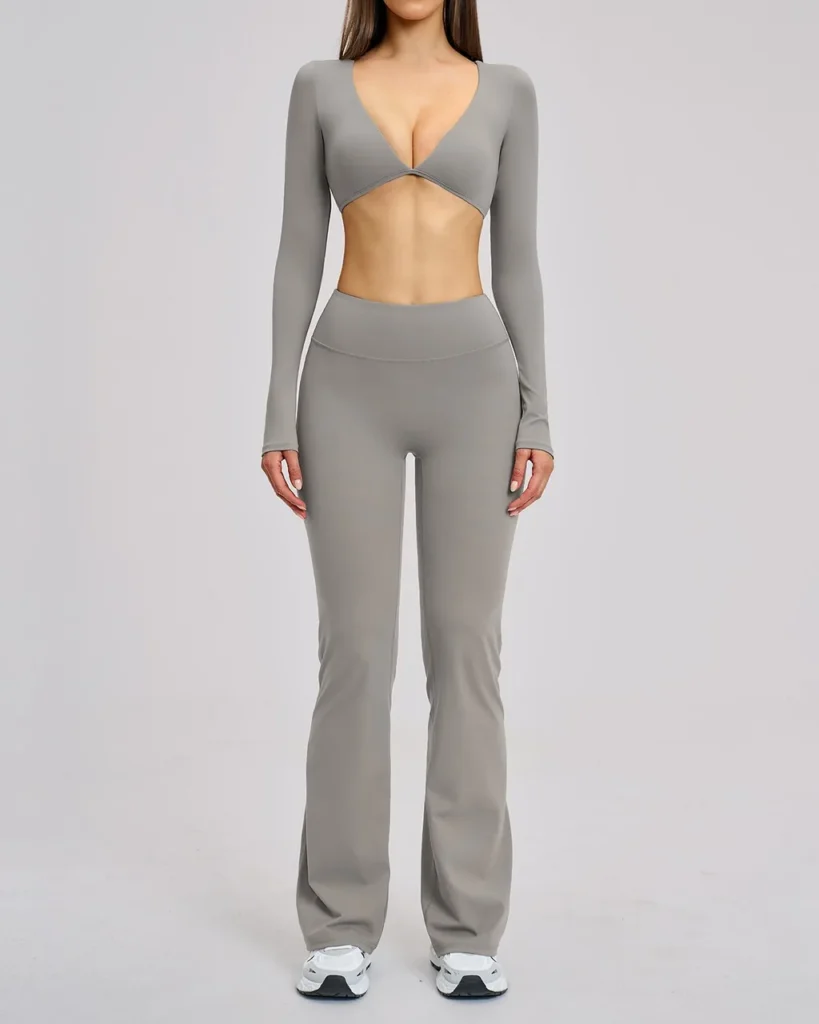 Long-Sleeve Twist-Front Flared Yoga Set - Grey