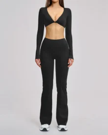 Long-Sleeve Twist-Front Flared Yoga Set - Navy