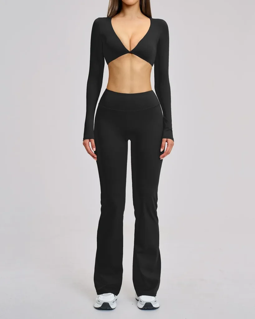 Long-Sleeve Twist-Front Flared Yoga Set - Navy