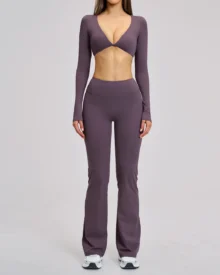 Long-Sleeve Twist-Front Flared Yoga Set - Plum