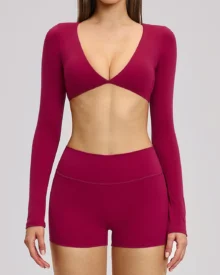 Halter Backless Brushed Long Sleeve Yoga Set - Burgundy