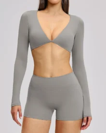 Halter Backless Brushed Long Sleeve Yoga Set - Grey
