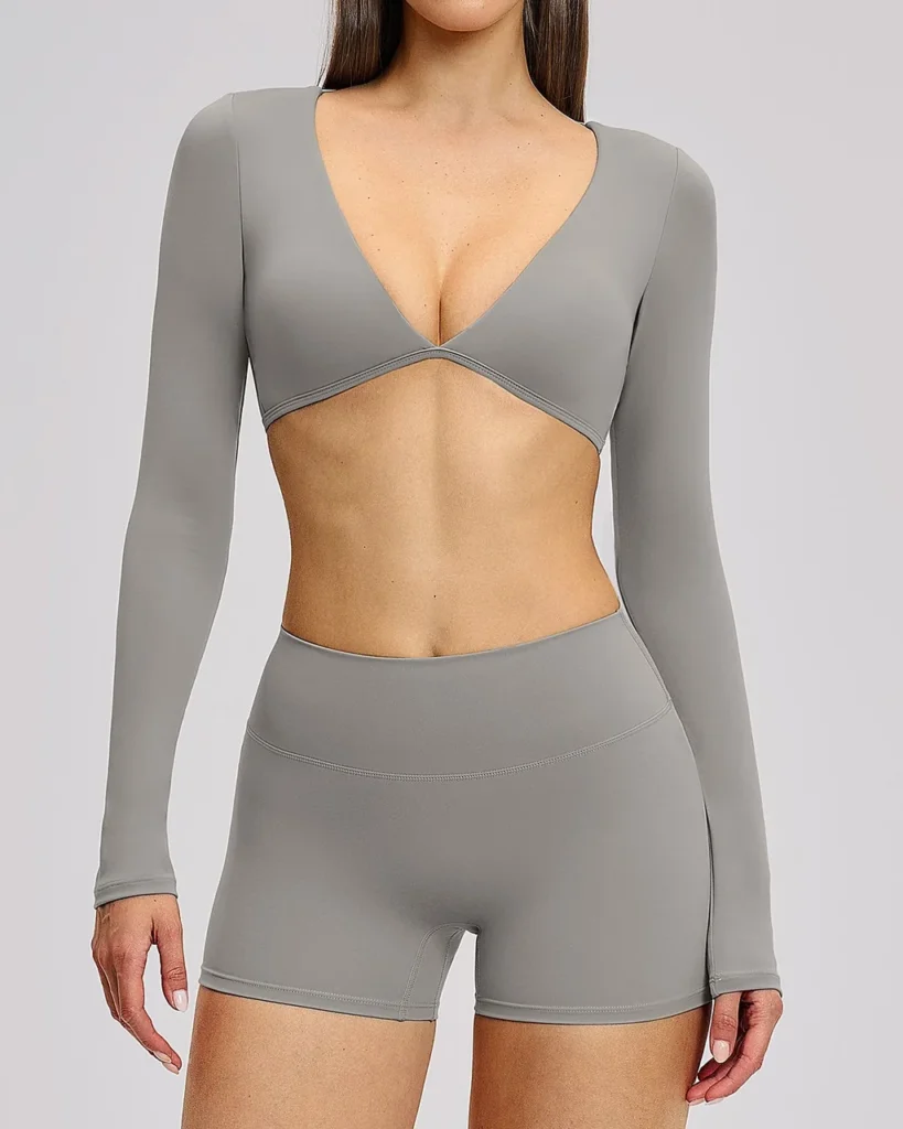 Halter Backless Brushed Long Sleeve Yoga Set - Grey