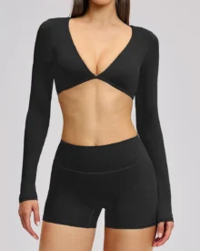 Halter Backless Brushed Long Sleeve Yoga Set - Navy