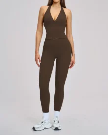 Halter Backless Brushed Slim Yoga Set - Brown