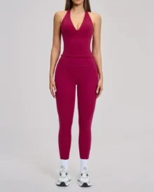 Halter Backless Brushed Slim Yoga Set - Burgundy