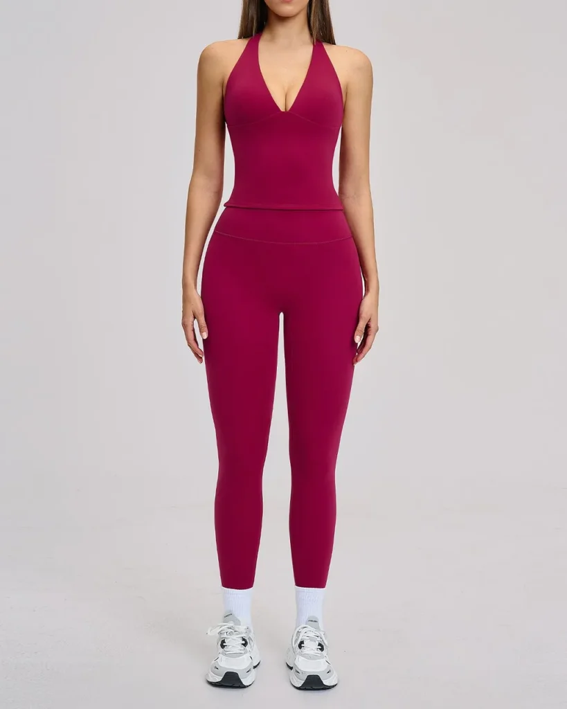 Halter Backless Brushed Slim Yoga Set - Burgundy