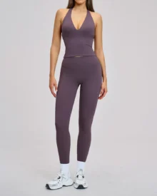 Halter Backless Brushed Slim Yoga Set - Muted Plum