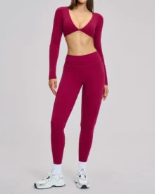 Long-Sleeve Twist-Front Leggings Yoga Set - Burgundy