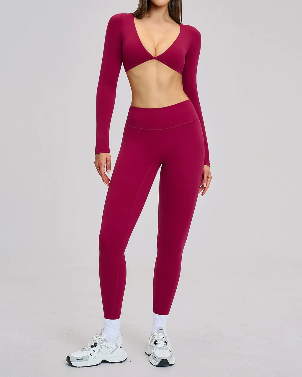 Conjunto de Yoga de Manga Larga con Cruce Frontal y Leggings - borgoña
