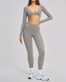 Long-Sleeve Twist-Front Leggings Yoga Set - Grey