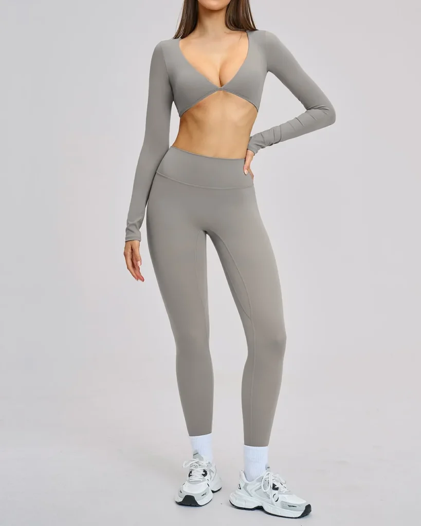Long-Sleeve Twist-Front Leggings Yoga Set - Grey