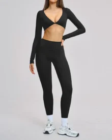 Long-Sleeve Twist-Front Leggings Yoga Set - Navy