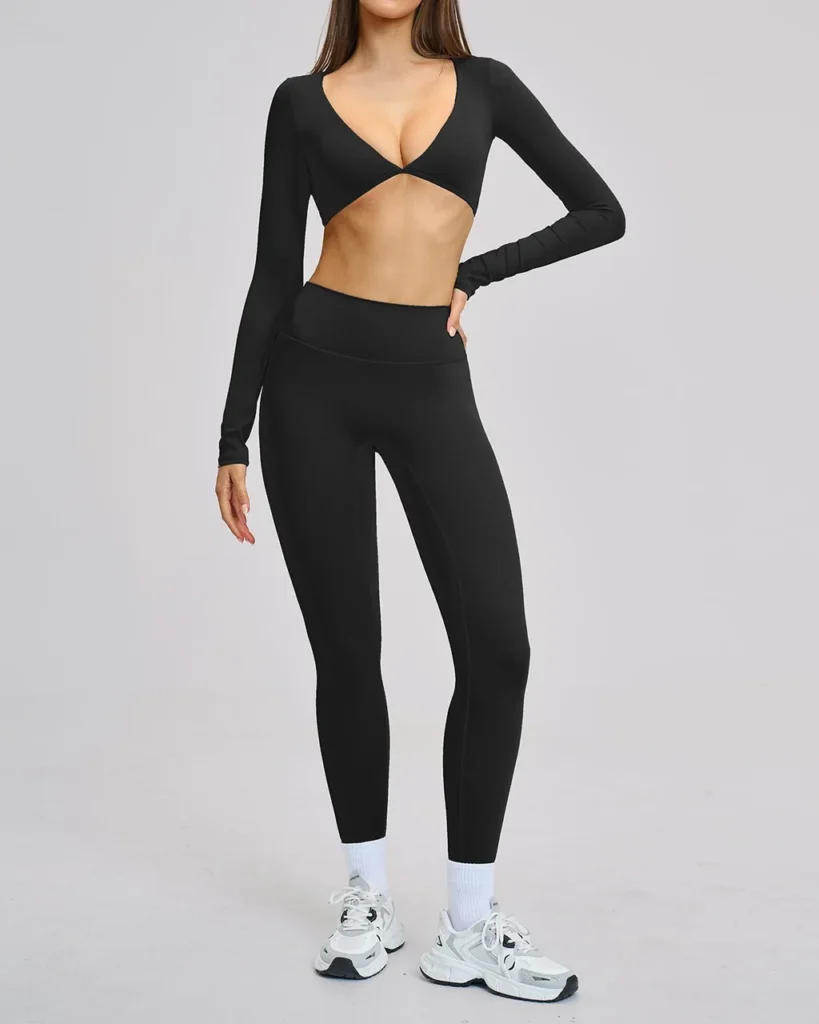 Long-Sleeve Twist-Front Leggings Yoga Set - Navy