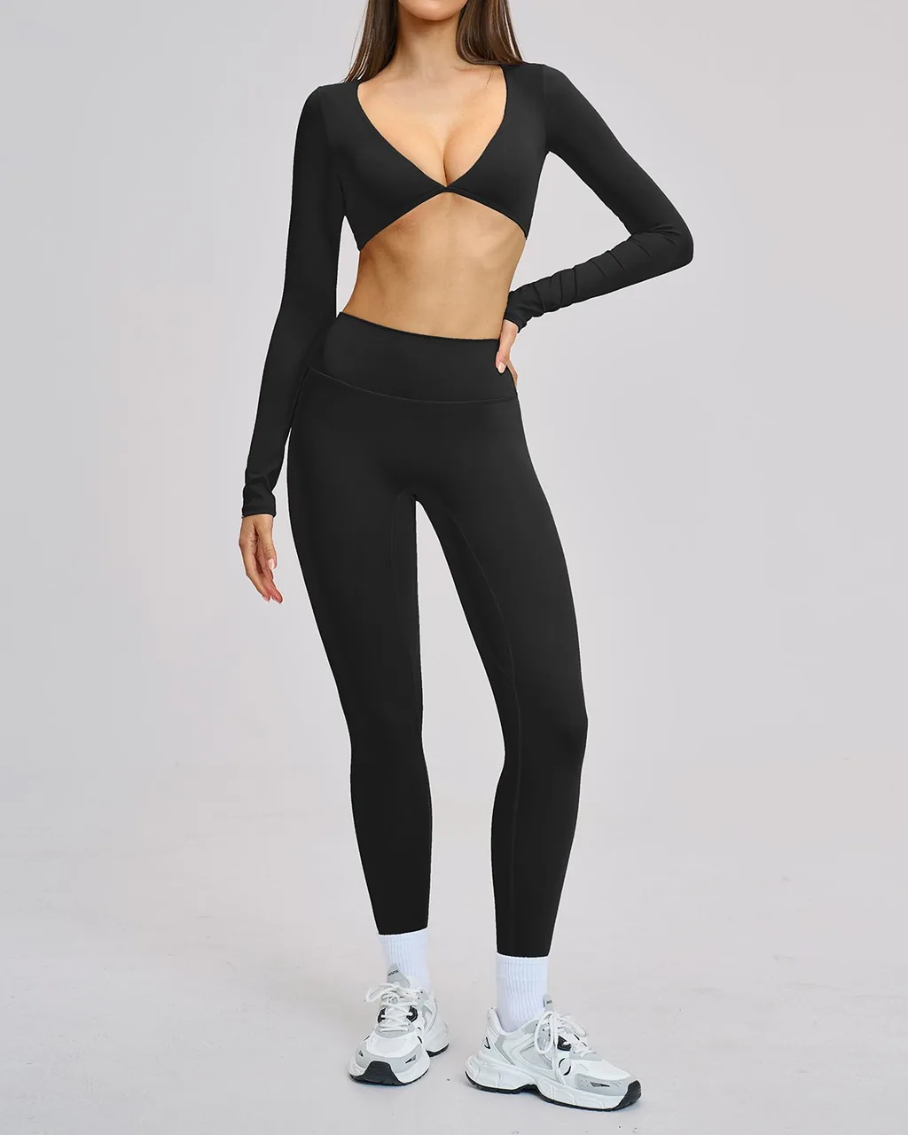 Conjunto de Yoga de Manga Larga con Cruce Frontal y Leggings - azul marino