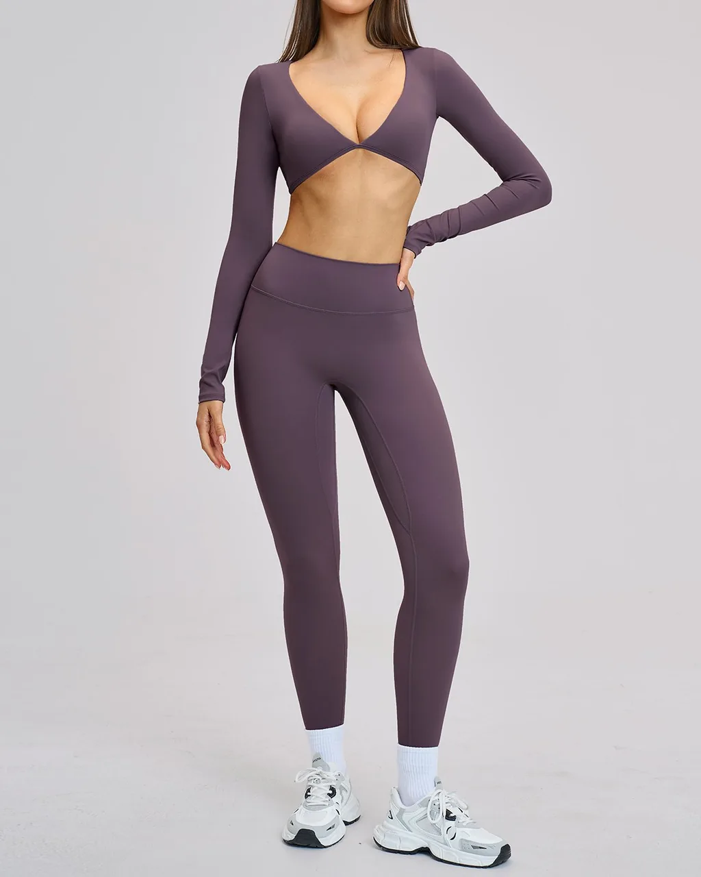 Conjunto de Yoga de Manga Larga con Cruce Frontal y Leggings - ciruela